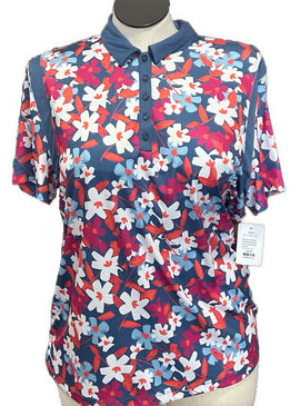 PGA Tour Slate Blue Floral Print Women's Short Sleeve Golf Top Size XXL
