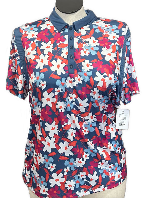 PGA Tour Slate Blue Floral Print Women's Short Sleeve Golf Top Size XXL
