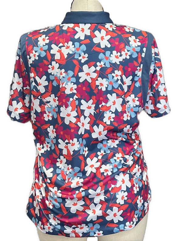 PGA Tour Slate Blue Floral Print Women's Short Sleeve Golf Top Size XXL