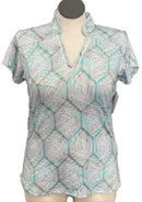 Pebble Beach Teal Gray & White Patterned Women's Short Sleeve Top Size L-1