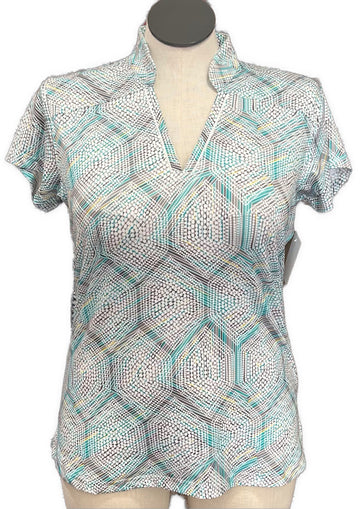 Pebble Beach Teal Gray & White Patterned Women's Short Sleeve Top Size L