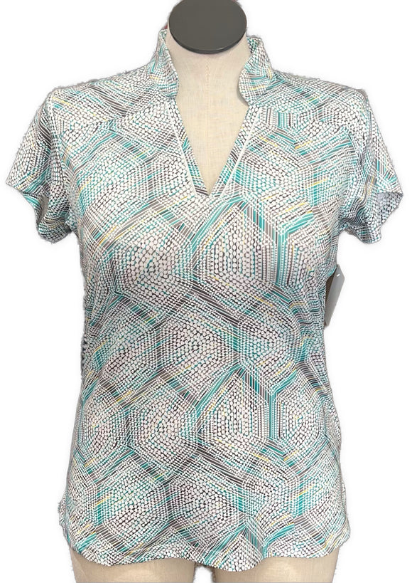 Pebble Beach Teal Gray & White Patterned Women's Short Sleeve Top Size L