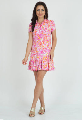 Buy pink New Ibkul Naomi Print Short Sleeve Godet Dress MSP $128