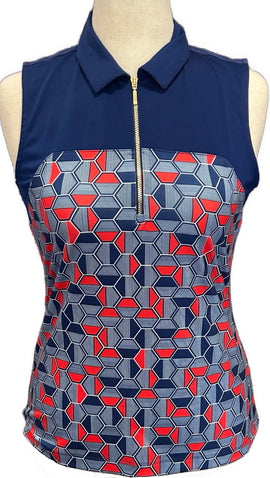 New EP NY Women's Sleeveless Tricolor Print Golf Polo Inky Size M MSP$84