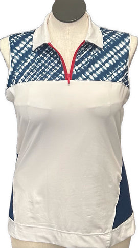 Lady Hagen White & Navy Sleeveless Polo w/Tie Dye Yoke Size L