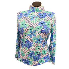 Ibkul White, Royal & Green Floral Print Long Sleeve Sun Shirt Size XL MSP$100