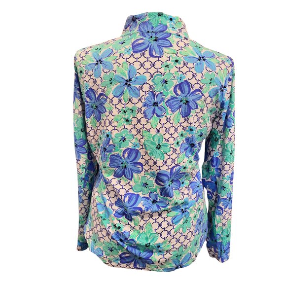 Ibkul White, Royal & Green Floral Print Long Sleeve Sun Shirt Size XL MSP$100