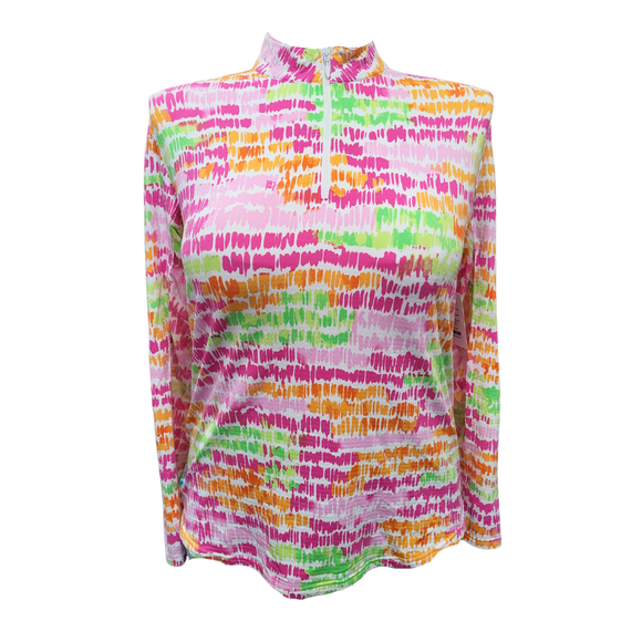 Icikuls Pink & Green Brushstroke Longsleeve Zip Mock Sun Shirt Size XL