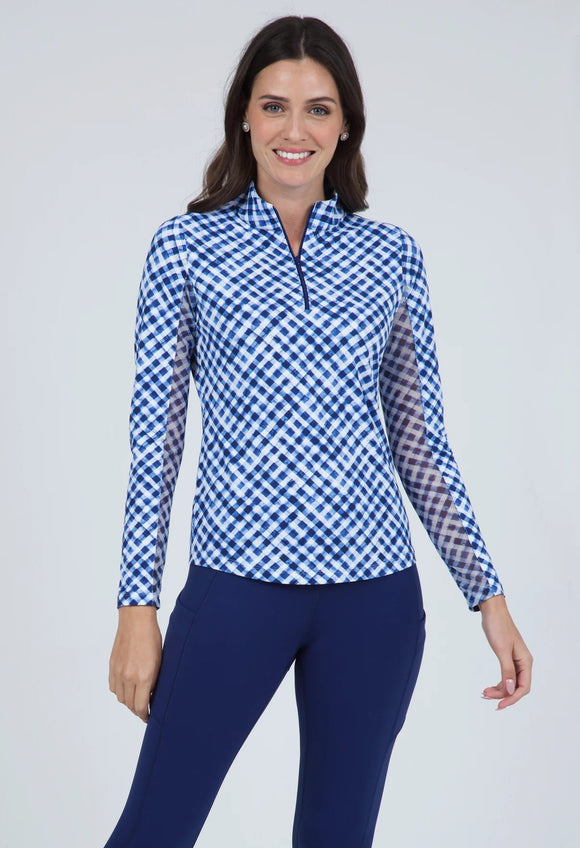 New Ibkul Women's Navy Gingham Long Sleeve Zip Mock Sun Shirt Size XS MSP$101
