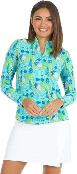 New Ibkul Women's Nadia Print Jade Long Sleeve Zip Mock Sun Shirt Size M MSP$98