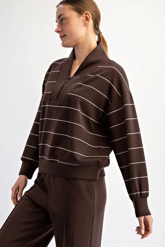 New Rae Mode V-neck Modal Striped Scuba Pullover