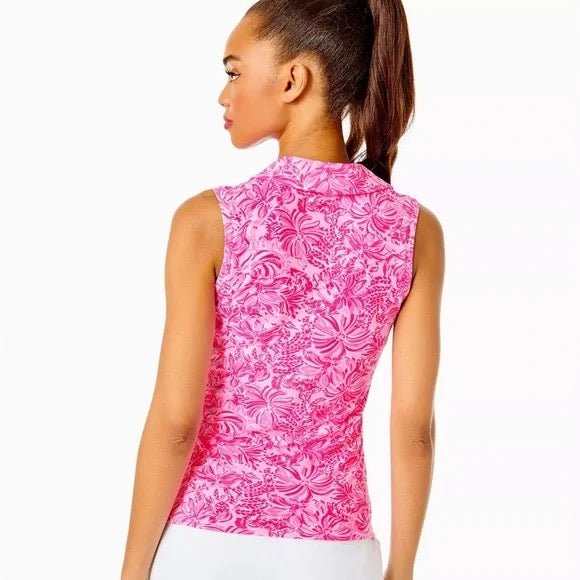 Lilly Pulitzer Luxletic Sleeveless Golf Top Pink Blossom Foxy Llama Print Size S MSP$108
