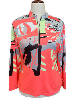 Jamie Sadock Simplicite Coral, Gray & Yellow Long Sleeve Golf Top Size L