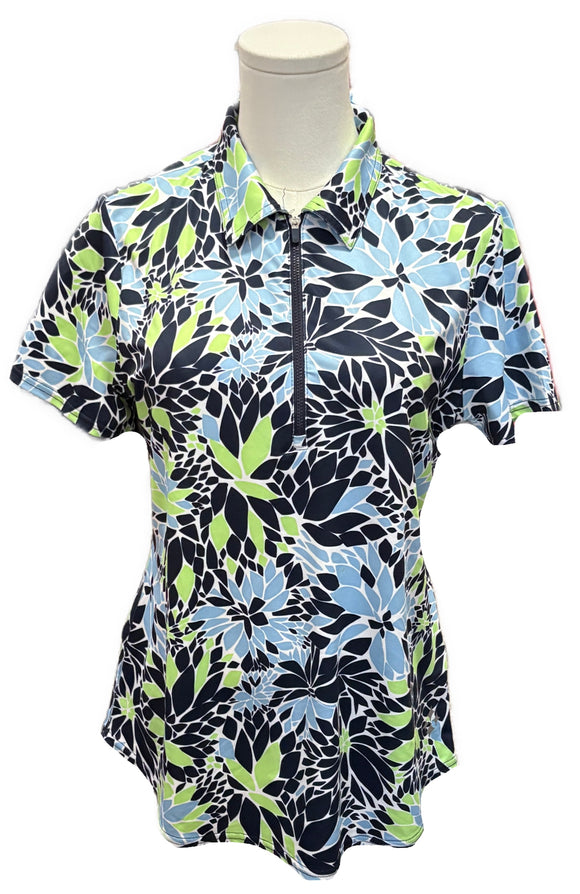 Jofit Navy, Light Blue & Lime Floral Printed Short Sleeve Golf Polo Size S