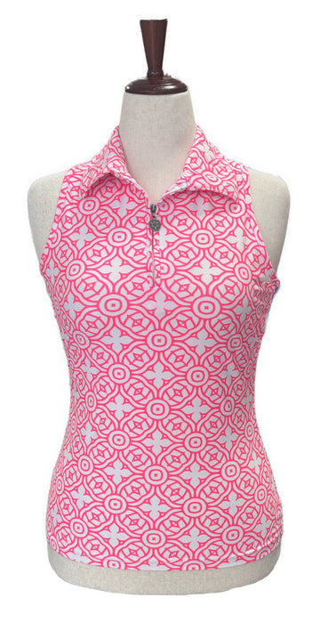 Tzu Tzu Coral & White Geometric Sleeveless Golf Top Size M