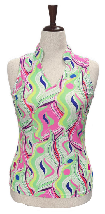 Tzu Tzu Multicolored Wavy Palm Sleeveless Polo Top Size M