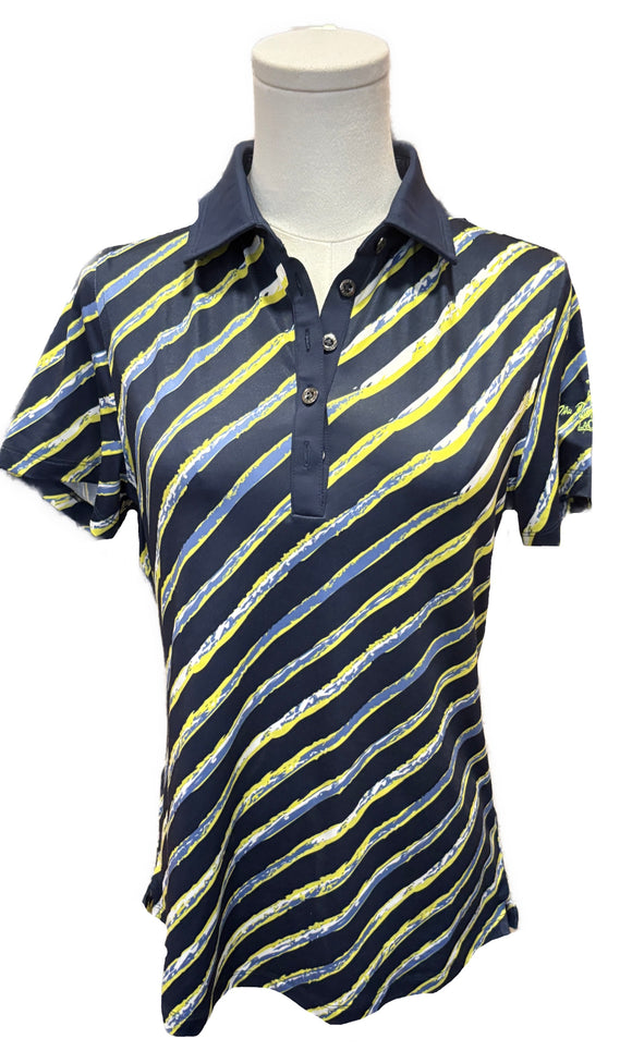 Chase54 Navy, Yellow & White Brushstroke Stripe Polo Size S
