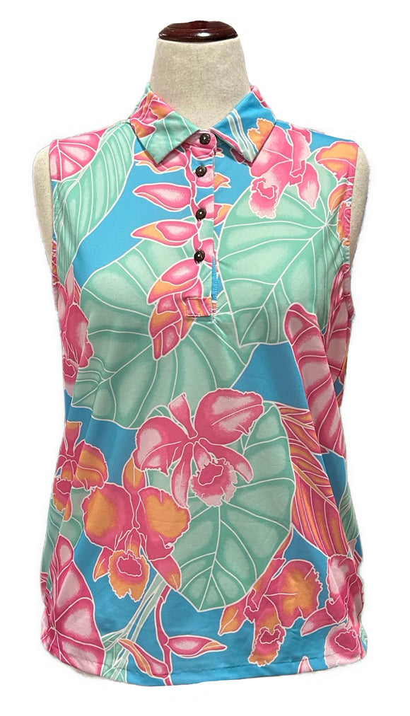 Kenny Flowers Women's Tropical Print Sleeveless Golf Polo Size XL MSP$88