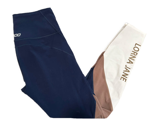 Lorna Jane Blue, Brown & White Colorblock Leggings Size M MSP$72