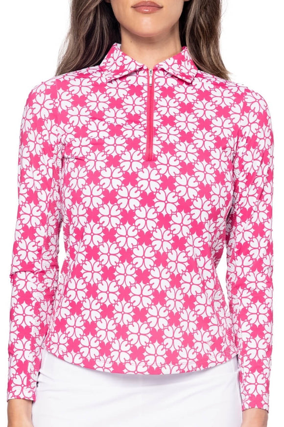 New Golftini Pink Floral Long sleeve Cool Girl Polo Size M MSP$118