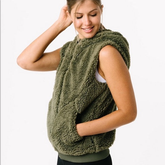Zyia Active Women's Olive Hooded Sherpa Fleece Vest Size L