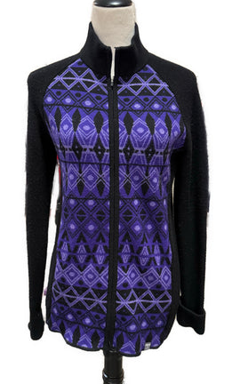 Title Nine Merino Wool Black & Purple Geo Full-Zip Jacket Size L MSP$149 - 0