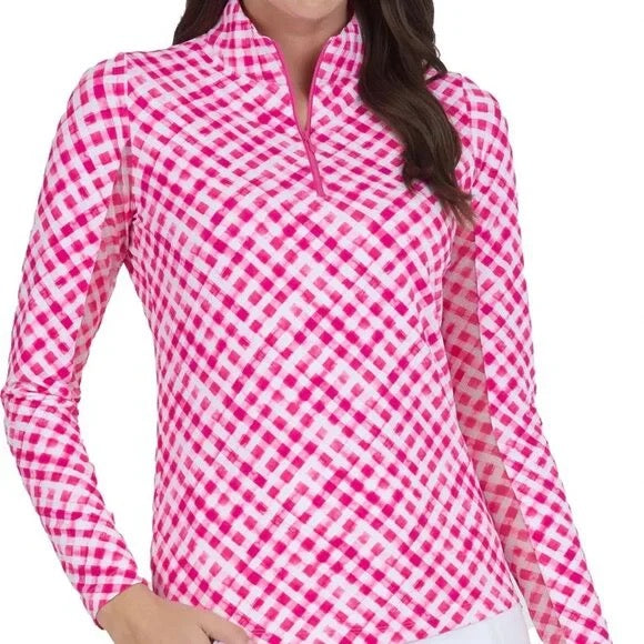 New Ibkul Long Sleeve Zip Mock Gingham Check Sun Shirt - Hot Pink MSP$101