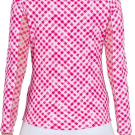New Ibkul Long Sleeve Zip Mock Gingham Check Sun Shirt - Hot Pink MSP$101 - 0