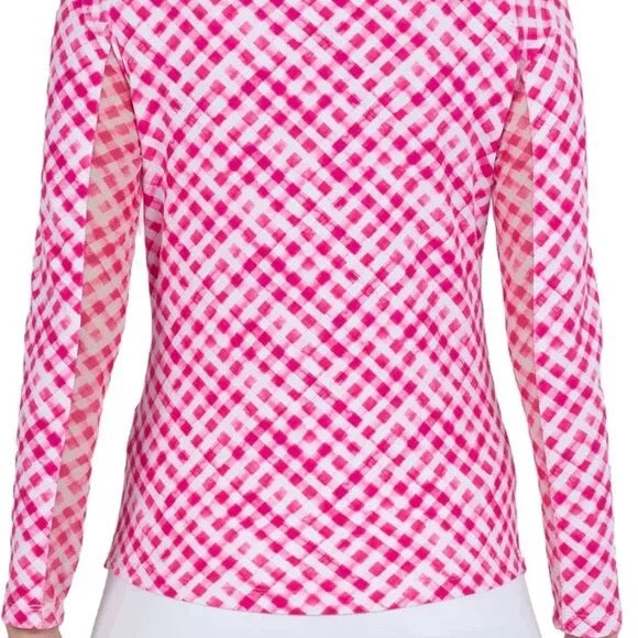 New Ibkul Long Sleeve Zip Mock Gingham Check Sun Shirt - Hot Pink MSP$101