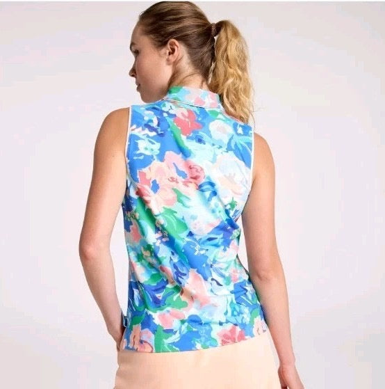New Walter Hagen Women's Performance 11 Sleeveless Golf Polo - Blue Gouache Floral MSP$55