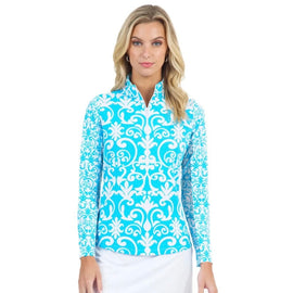 New Ibkul Women's Mayhem Zip Mock Sun Shirt - Turquoise Size XL MSP$100