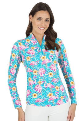 New Ibkul Penny Print Long Sleeve Zip Mock Sun Shirt Size S MSP$100