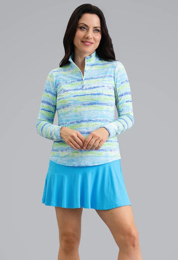New Ibkul Women's Gia Long Sleeve Zip Mock Sun Shirt- Blue Multi