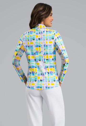 New Ibkul Tatiana Print Long Sleeve Zip Mock Sun Shirt - 0