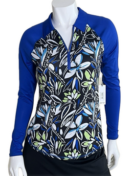 New Jofit Long Sleeve Quarter Zip -Blue/Black Floral Size L MSP$90