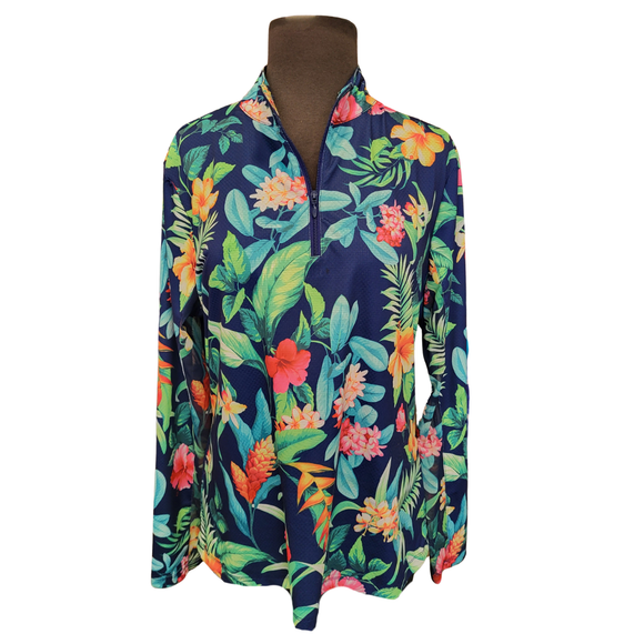 Gottex Navy Tropical Floral 1/4 Zip Sun Shirt Size M