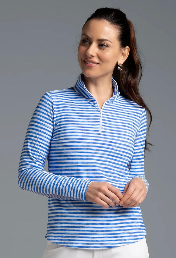 New Women's Ibkul Royal Landon Stripe Zip Mock SUn SHirt Size M MSP$100