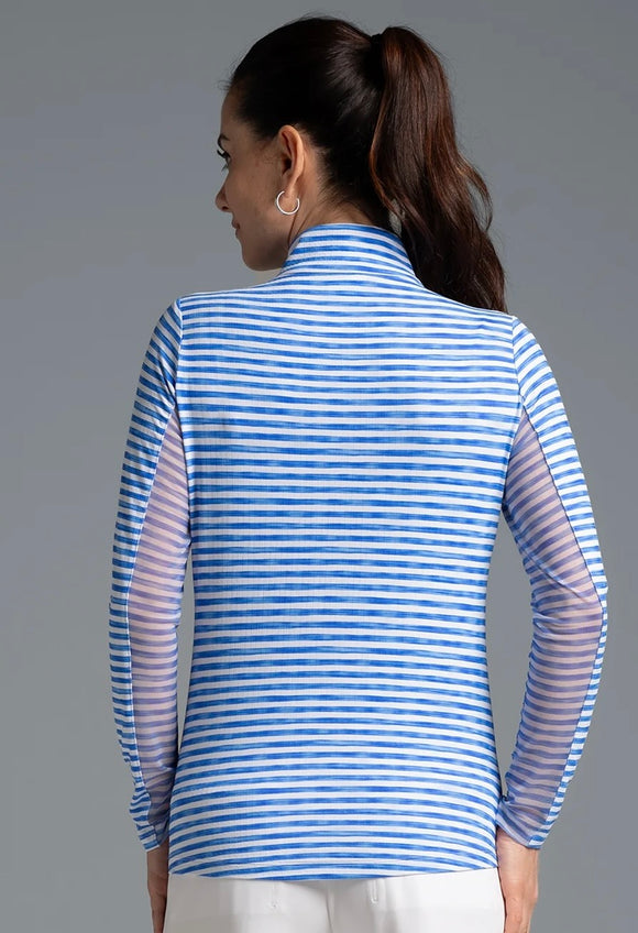New Women's Ibkul Royal Landon Stripe Zip Mock SUn SHirt Size M MSP$100
