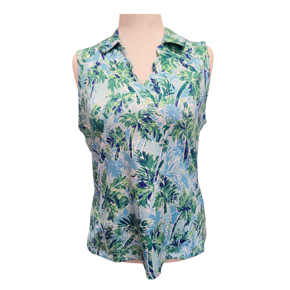 Coral Bay Blue & Green Palm Tree Print Sleeveless Golf Polo Size L