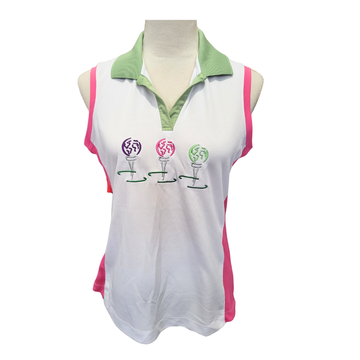 More Than Apparel Pink, White & Lime Embroidered Golf Ball Sleeveless Top Size M