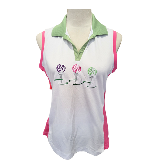 More Than Apparel Pink, White & Lime Embroidered Golf Ball Sleeveless Top Size M
