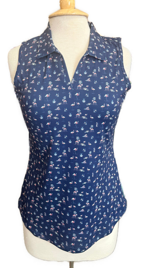 New Scales Navy Thirsty Flamingo Sleeveless Polo Size S MSP$80