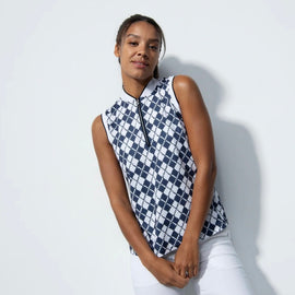 New Daily Sports Abruzzo Navy Argyle Print Sleeveless Golf Polo MSP$112