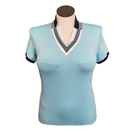 Lucky in Love Aqua V-Neck Golf Top w/ Printed Collar Size M-1