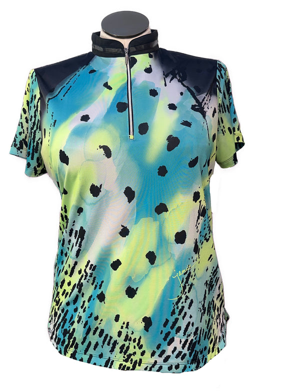 Jamie Sadock Women's Teal, Green, Black & White Patterned Short Sleeve Golf Top Size L