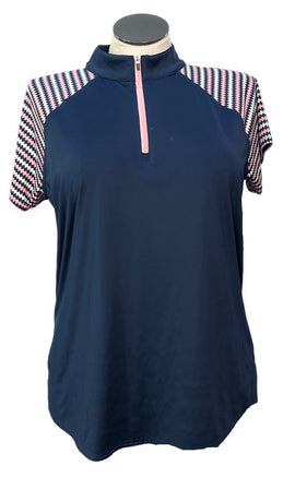 Belyn Key Navy, Pink & White Diamond Stripe 1/4 Zip Mock Polo Size XXL