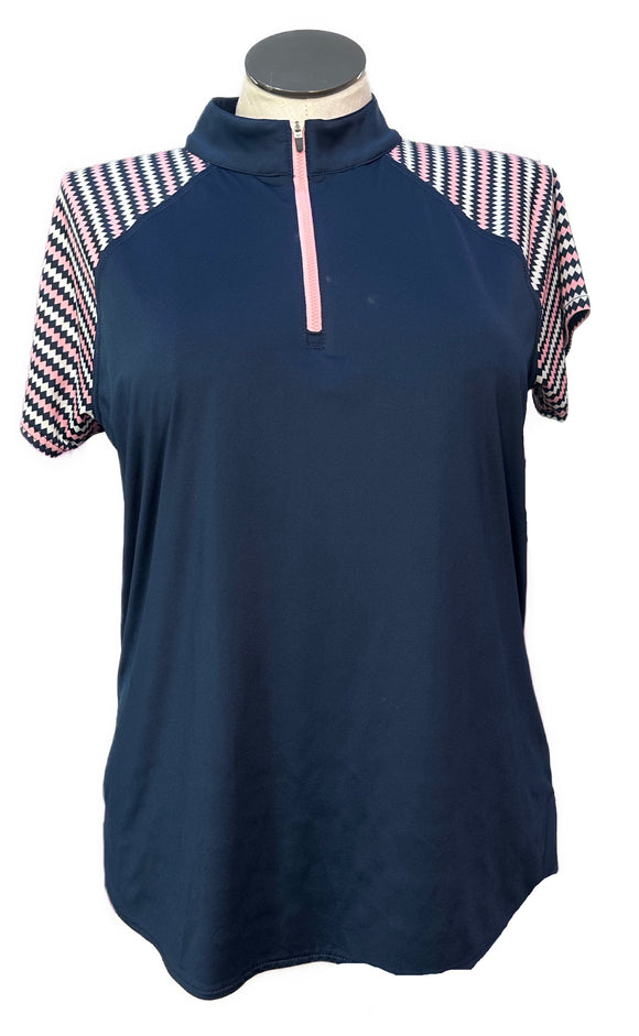 Belyn Key Navy, Pink & White Diamond Stripe 1/4 Zip Mock Polo Size XXL
