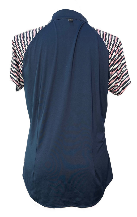 Belyn Key Navy, Pink & White Diamond Stripe 1/4 Zip Mock Polo Size XXL