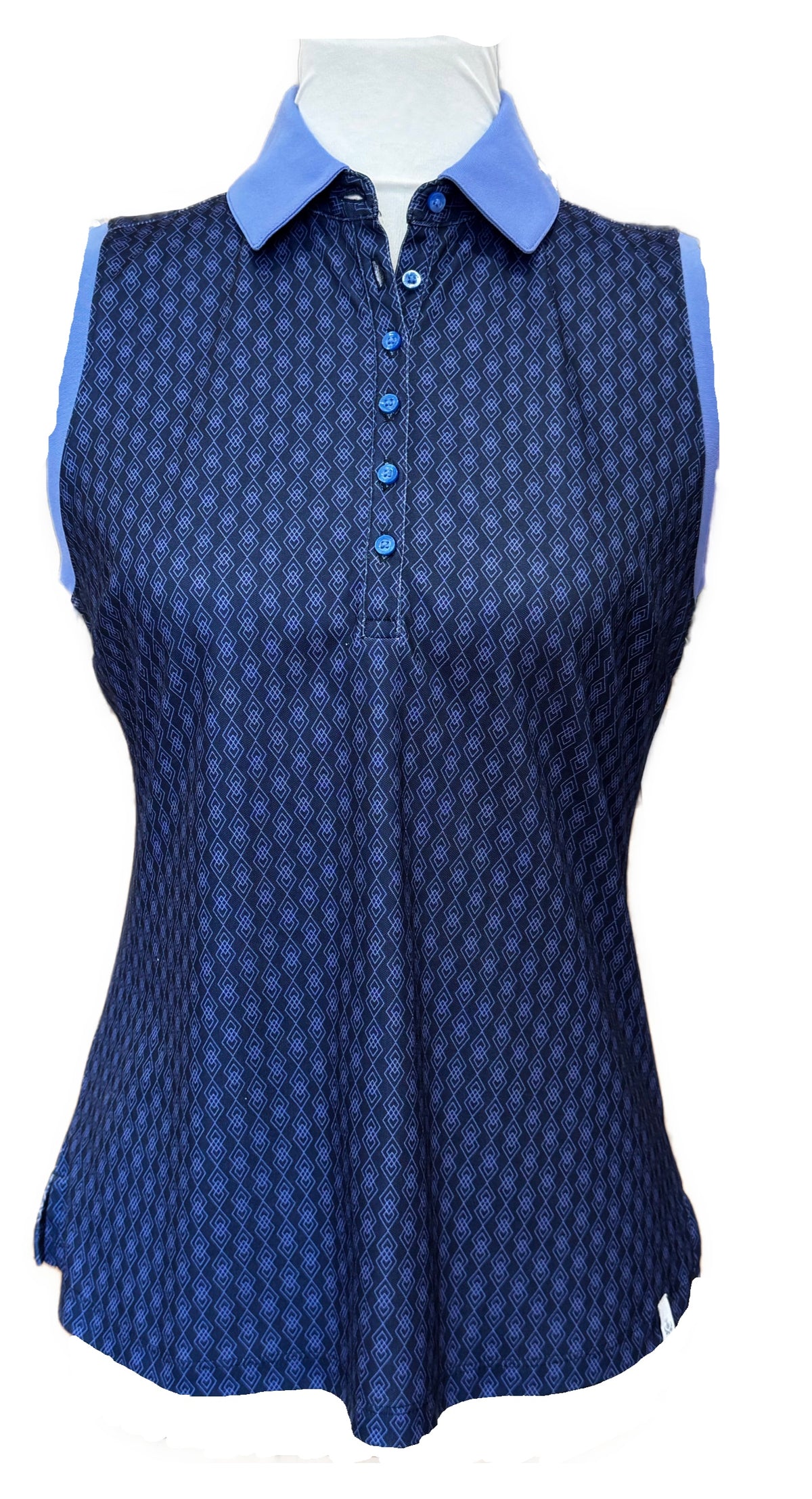 lady hagen dress Dark Navy & Purple Geo Print Sleevless Golf Polo Size S colour: green-and-white-printed-long-sleeve-pleated-skater-dress