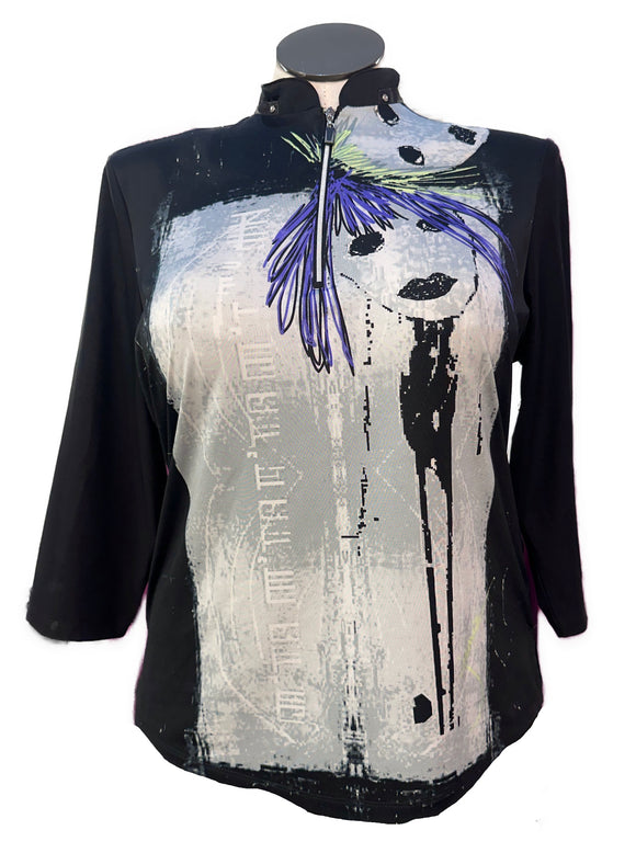 Jamie Sadock Black Mask Print 3/4 Sleeve Golf Top Size L